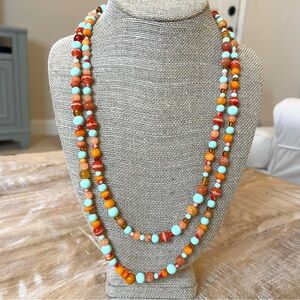 Willow Coral & Aqua Ceramic Handcrafted Beaded Long Necklace